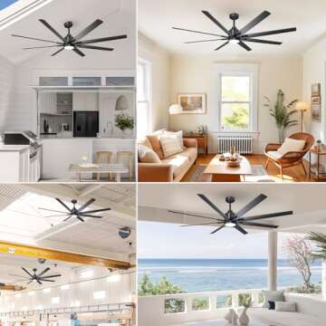 CJOY 72 inch Large Ceiling Fans with Lights and Remote, Black Modern Ceiling Fan for Patio 8 Blades, 6 Speeds, Reversible DC Motor, Dimmable LED, Ceiling Fan with 12" & 24" Downrod, Indoor/Outdoor