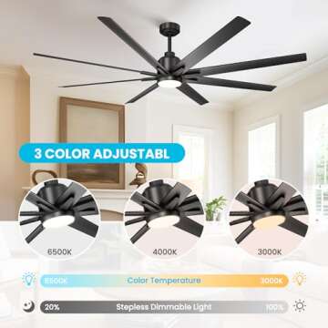 CJOY 72 inch Large Ceiling Fans with Lights and Remote, Black Modern Ceiling Fan for Patio 8 Blades, 6 Speeds, Reversible DC Motor, Dimmable LED, Ceiling Fan with 12" & 24" Downrod, Indoor/Outdoor