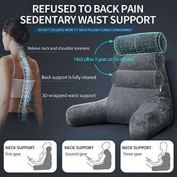 mittaGonG Reading Pillow for Sitting in Bed Adult with Detachable Neck Support Cushion & Backrest Pillow for Bed with Arms and Side Pocket Shredded Foam Back Pillow Chair Pillow with Washable Cover