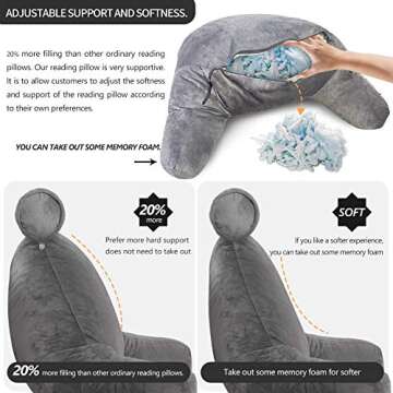 mittaGonG Reading Pillow for Sitting in Bed Adult with Detachable Neck Support Cushion & Backrest Pillow for Bed with Arms and Side Pocket Shredded Foam Back Pillow Chair Pillow with Washable Cover