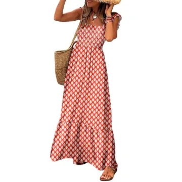 LOLONG Summer Boho Spaghetti Strap Square Neck Maxi Dress for Women Flowy Ruffle Sleeveless Print Be...
