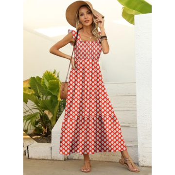 LOLONG Summer Boho Spaghetti Strap Square Neck Maxi Dress for Women Flowy Ruffle Sleeveless Print Beach Casual Long Maxi Dress Trendy