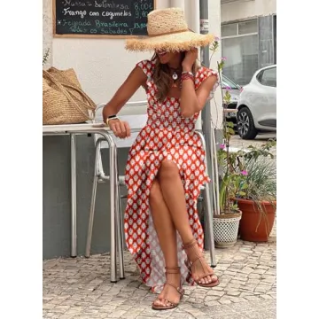 LOLONG Summer Boho Spaghetti Strap Square Neck Maxi Dress for Women Flowy Ruffle Sleeveless Print Beach Casual Long Maxi Dress Trendy