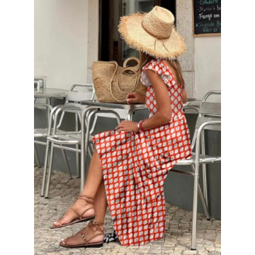 LOLONG Summer Boho Spaghetti Strap Square Neck Maxi Dress for Women Flowy Ruffle Sleeveless Print Beach Casual Long Maxi Dress Trendy