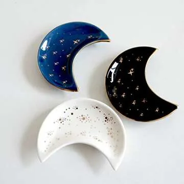 BIHOIB Small Moon Jewelry Dish Tray, Set of 2, Decorative Ceramic Trinket Dish, Modern Accent Tray for Vanity (White and Black)