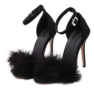 MMJULY Open Toe Stiletto Sandal with Fluffy Feather