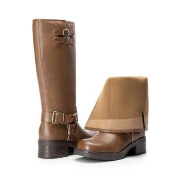 DREAM PAIRS Women's Knee High Boots Side Zipper Motorcycle Boots Square Toe Chunky Low Heel Fashion Buckles Biker Riding Boots,Size 8.5,TAN-PU,SDKB2412W