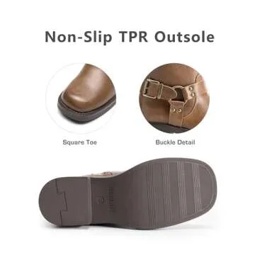 DREAM PAIRS Women's Knee High Boots Side Zipper Motorcycle Boots Square Toe Chunky Low Heel Fashion Buckles Biker Riding Boots,Size 8.5,TAN-PU,SDKB2412W