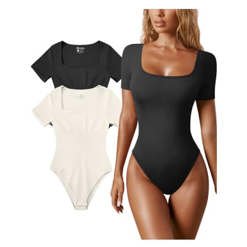 OQQ Women's 2 Piece Bodysuits Sexy Ribbed One Piece Square Neck Short Sleeve Bodysuits Black Beige