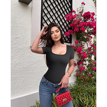 OQQ Women's 2 Piece Bodysuits Sexy Ribbed One Piece Square Neck Short Sleeve Bodysuits Black Beige