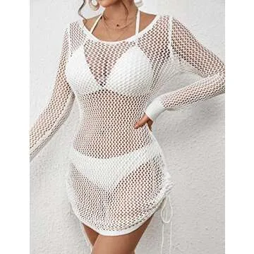 AILUNSNIKA Swimsuit Cover Ups for Women Hollow Out Crochet Swim Cover Up Long Sleeve Knitted Mesh Cover Up White