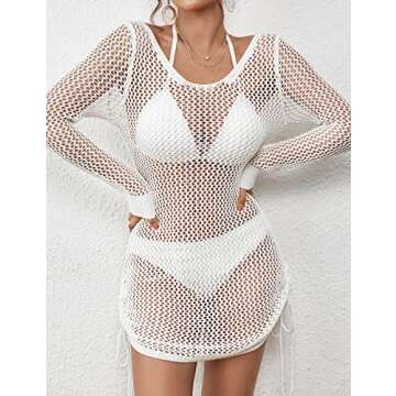 AILUNSNIKA Swimsuit Cover Ups for Women Hollow Out Crochet Swim Cover Up Long Sleeve Knitted Mesh Cover Up White