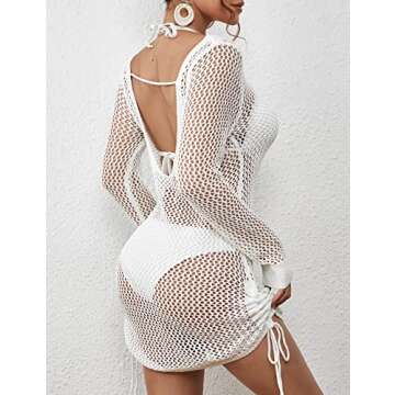 AILUNSNIKA Swimsuit Cover Ups for Women Hollow Out Crochet Swim Cover Up Long Sleeve Knitted Mesh Cover Up White