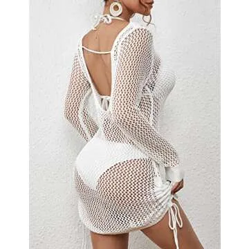 AILUNSNIKA Swimsuit Cover Ups for Women Hollow Out Crochet Swim Cover Up Long Sleeve Knitted Mesh Cover Up White