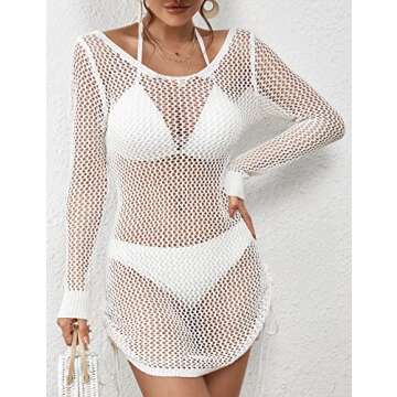 AILUNSNIKA Swimsuit Cover Ups for Women Hollow Out Crochet Swim Cover Up Long Sleeve Knitted Mesh Cover Up White