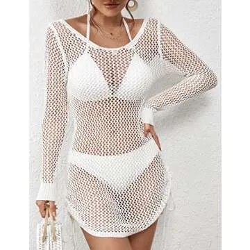 AILUNSNIKA Swimsuit Cover Ups for Women Hollow Out Crochet Swim Cover Up Long Sleeve Knitted Mesh Cover Up White