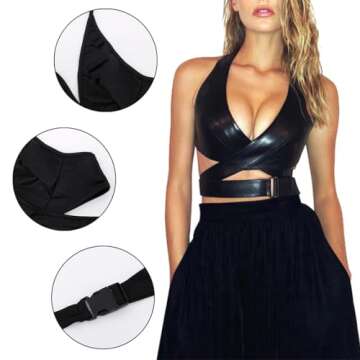 Mocure Womens Metallic PU Leather Crop Tops Backless Strappy Criss Cross Halter Tops Rave Club Festival Top Clubwear