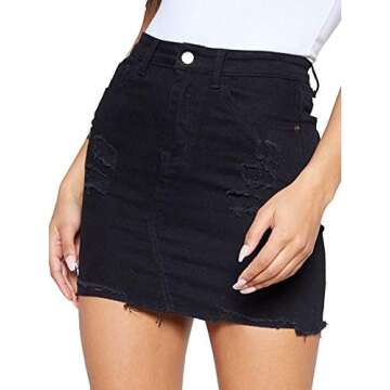 Deslimale Jean Skirts for Women's Casual Washed Frayed Stretch Denim Mini Skirt (US 4-6)