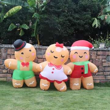 Joliyoou 8FT L Christmas Inflatable Decoration, Set of 3 Blowup Gingerbread Man Hand in Hand, Adorable Xmas Inflatable Ginger Bread Man for Winter Holiday Outdoor Indoor Decor
