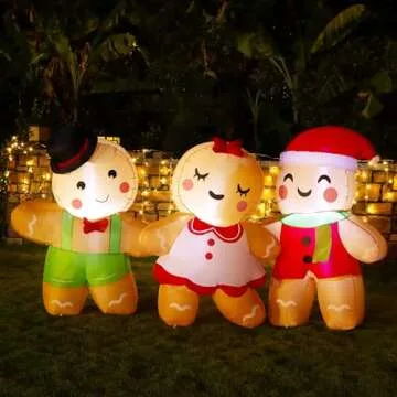 Joliyoou 8FT L Christmas Inflatable Decoration, Set of 3 Blowup Gingerbread Man Hand in Hand, Adorable Xmas Inflatable Ginger Bread Man for Winter Holiday Outdoor Indoor Decor