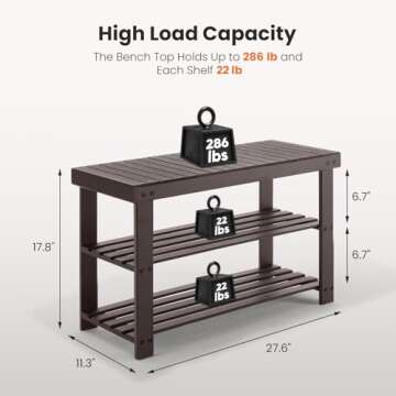 Sweetcrispy Shoe Rack Bench, 3-Tier Bamboo Entryway Storage Organizer, 286lb Capacity, Shoes Stand for FrontDoor Entrance, Bedroom, Living Room, Bathroom, Balcony, 11.3 x 27.6 x 17.8 Inches, Brown
