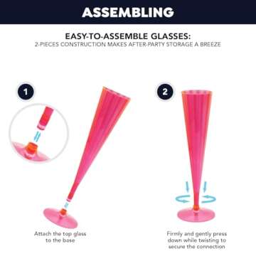 Party Essentials 20 Count Hard Plastic Twopiece 5 oz Champagne Flutes, Neon Pink