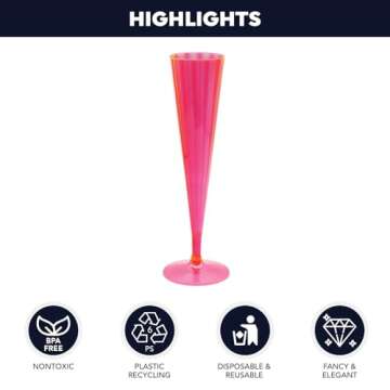 Party Essentials 20 Count Hard Plastic Twopiece 5 oz Champagne Flutes, Neon Pink