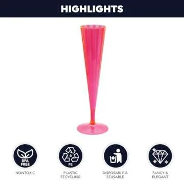 Party Essentials 20 Count Hard Plastic Twopiece 5 oz Champagne Flutes, Neon Pink