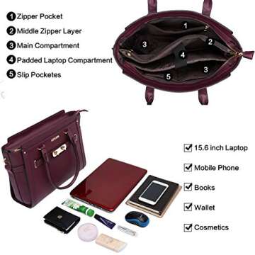 Laptop Bag for Women,15.6 Inch Multi Pocket Padded Laptop Tote Bag,Computer Bags for Women,Burgundy
