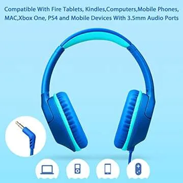 POWMEE P20 Kids Headphones for School, Kids/Teens/Boys/Girls with Safe 94dB Volume Limited, 3.5mm Jack Wired Cord Over-Ear for Fire Tablets/Travel/PC/Phones(Blue)