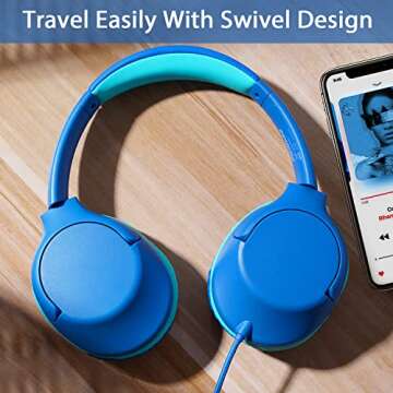 POWMEE P20 Kids Headphones for School, Kids/Teens/Boys/Girls with Safe 94dB Volume Limited, 3.5mm Jack Wired Cord Over-Ear for Fire Tablets/Travel/PC/Phones(Blue)