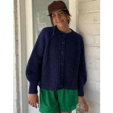 Flygo Women's Cardigan Sweater 2024 Fall Winter Chunky Long Sleeve Button Open Front Knit Solid Loose Cardigans Sweaters(Navy-S)