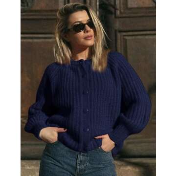 Flygo Women's Cardigan Sweater 2024 Fall Winter Chunky Long Sleeve Button Open Front Knit Solid Loose Cardigans Sweaters(Navy-S)