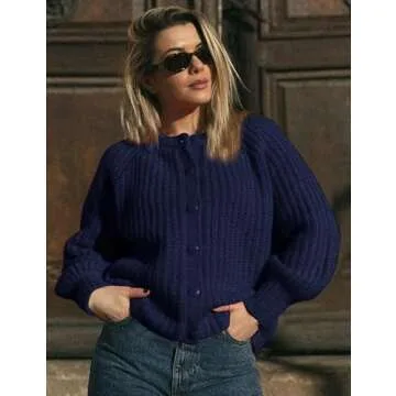 Flygo Women's Cardigan Sweater 2024 Fall Winter Chunky Long Sleeve Button Open Front Knit Solid Loose Cardigans Sweaters(Navy-S)