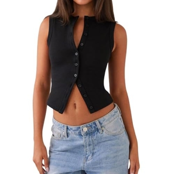 ZZEVOLSS Women Button Down Vest Stylish Crop Top