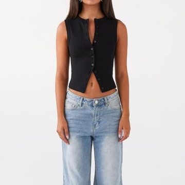 ZZEVOLSS Women Button Down Vest Stylish Crop Top