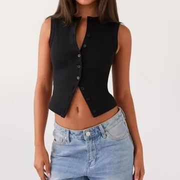 ZZEVOLSS Women Button Down Vest Stylish Crop Top