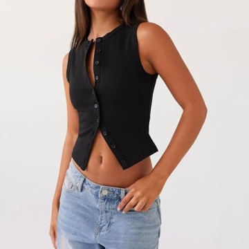 ZZEVOLSS Women Button Down Vest Stylish Crop Top