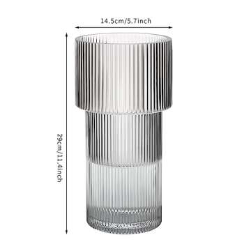 Dinyeo Modern Ribbed Large Cylinder Clear Glass Flower Vase for Centerpieces Decor (11.4" H)