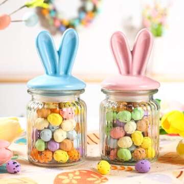 Easter Decorations- 4 PCS Glass Jars with Ceramic Bunny Ear Lid-Easter Glass Storage for Chocolate Candy Sweets Gift Mini Eggs Table Decoration