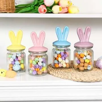 Easter Decorations- 4 PCS Glass Jars with Ceramic Bunny Ear Lid-Easter Glass Storage for Chocolate Candy Sweets Gift Mini Eggs Table Decoration