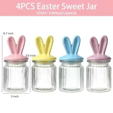 Easter Decorations- 4 PCS Glass Jars with Ceramic Bunny Ear Lid-Easter Glass Storage for Chocolate Candy Sweets Gift Mini Eggs Table Decoration