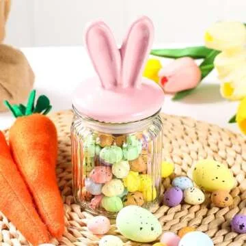 Easter Decorations- 4 PCS Glass Jars with Ceramic Bunny Ear Lid-Easter Glass Storage for Chocolate Candy Sweets Gift Mini Eggs Table Decoration