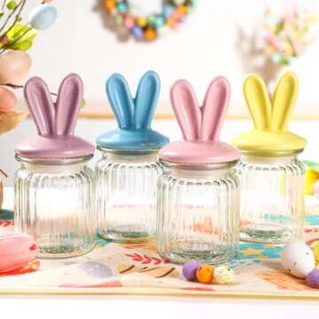 Easter Decorations- 4 PCS Glass Jars with Ceramic Bunny Ear Lid-Easter Glass Storage for Chocolate Candy Sweets Gift Mini Eggs Table Decoration