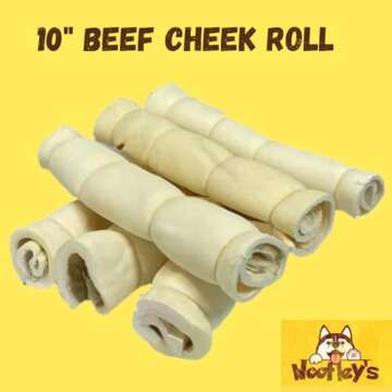 Woofley's 9-10" Buffalo Beef Cheek Roll - (5 Count)- Beef Cheek Rolls for Dogs - Long Lasting Natural Dog Chews