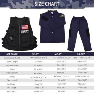 Kodvinp Police Officer Costume for Kids, SWAT Costume for Boys with Vest, Complete Halloween Costumes for Kids 3-10-12