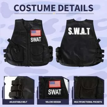 Kodvinp Police Officer Costume for Kids, SWAT Costume for Boys with Vest, Complete Halloween Costumes for Kids 3-10-12