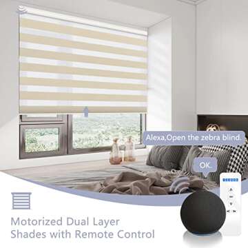 Xixingji Motorized Dual Roller Blinds, Electric Zebra Shades 70% Blackout ，Compatible with Alexa&Goolge Home, Smart Sheer Blinds with Valance,Cordless, Custom Size, Beige