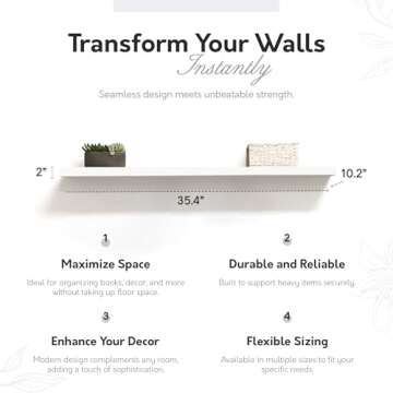 InPlace Durable Shelf with Invisible Brackets - Easy to Install & Remove, Deep Floating Shelves for Wall - MDF Wall Shelf for Living Room & Kitchen - 10.2"D x 35.4"W x 2"H, White - 0191408