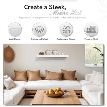 InPlace Durable Shelf with Invisible Brackets - Easy to Install & Remove, Deep Floating Shelves for Wall - MDF Wall Shelf for Living Room & Kitchen - 10.2"D x 35.4"W x 2"H, White - 0191408
